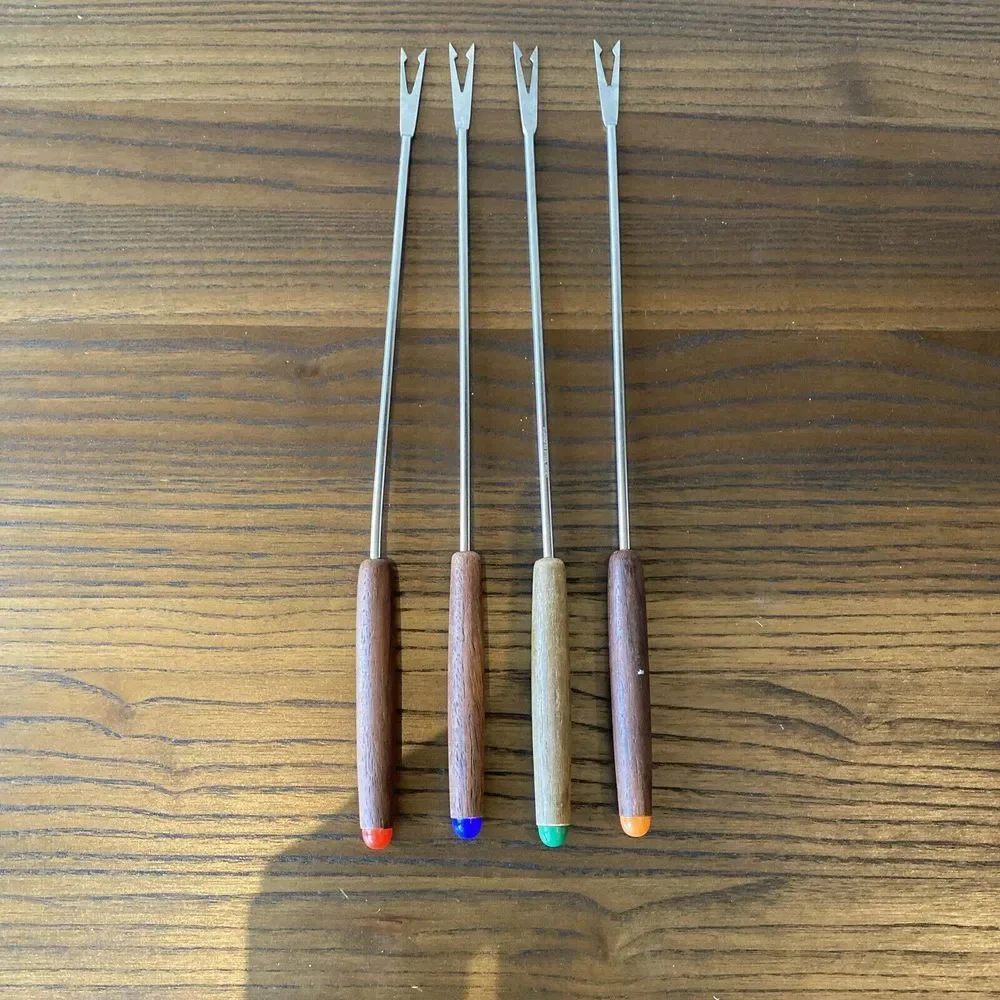 Vtg Fondue Forks Stainless Steel MCM Wood Handle Color Dot Set of‎ 4 Japan